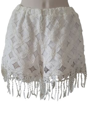 Cottagecore White Floral Lace Shorts with Fringe